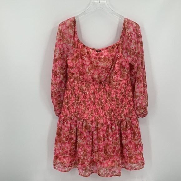 Vero Moda chiffon smocked mini dress geranium floral ruffle tiered elastic new L - Picture 2 of 6